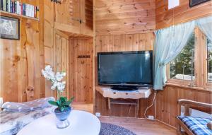 a living room with a large television in a cabin at Gorgeous Home In yer With Sauna in Øyer