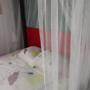 a bed with a white curtain and a bed with at KAZA CHARLY F2 in Les Abymes