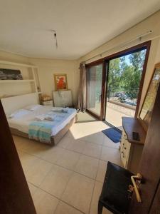 ein Schlafzimmer mit einem Bett und einem großen Fenster in der Unterkunft Agria Lux Apartment in Agria