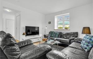 a living room with leather couches and a flat screen tv at Awesome Home In Hornbk With Kitchen in Hornbæk