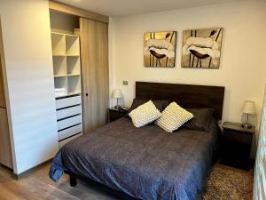 um quarto com uma cama e duas fotografias na parede em Lindo y Confortable departamento en Pucón em Pucón
