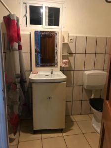 a small bathroom with a sink and a toilet at Unu Pikin Guesthouse in Paramaribo