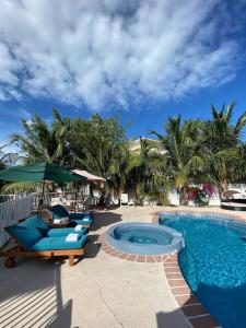 a swimming pool with two lounge chairs and an umbrella at Private Estate Pool Ocean View 20 minutes to Key West in Summerland Key