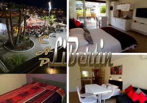 un collage de tres fotos de una habitación de hotel en Studio Village Naturiste Hôtel Restaurant Libertin Cap d Agde, en Cap d'Agde