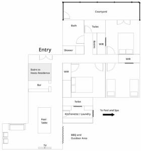 a floor plan of a kitchen and a bathroom at Charm Lodge in Lake Charm