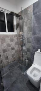 a bathroom with a shower and a toilet at Zinas modern flat Nicosia in Strovolos