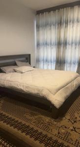 a bed sitting in a bedroom with a curtain at Pisano Luxury Apartments in Lusaka