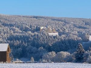 una casa en la cima de una colina en la nieve en Gite L'évasion à Cheneux Stoumont, en Stoumont