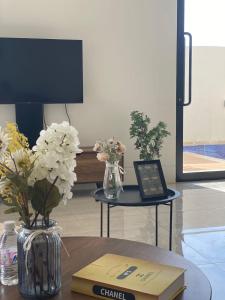 Televiisor ja/või meelelahutuskeskus majutusasutuses شاليهات المرفأ Almarfa Resort