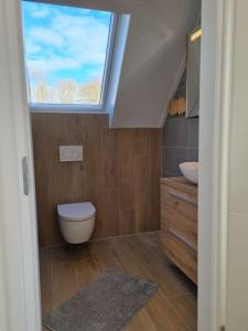 een badkamer met een toilet en een raam bij Vakantiewoning 1 aan zee, 400 meter van het strand in Zoutelande