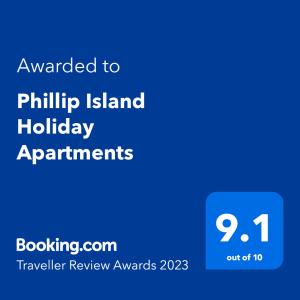 Certifikát, hodnocení, plakát nebo jiný dokument vystavený v ubytování Phillip Island Holiday Apartments