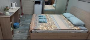 a bedroom with a bed and a sink and a mirror at ObolonSky in Kyiv