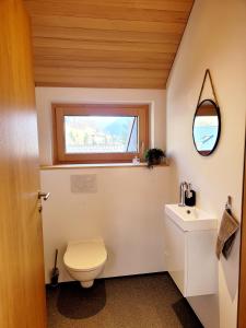 a bathroom with a toilet and a sink and a window at Haus Moosbrugger in Mellau