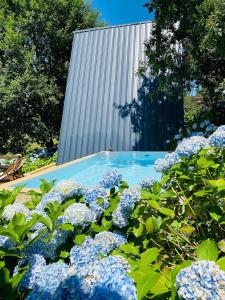 un giardino con fiori blu di fronte a un edificio di Vale da Silva Villas - Quinta ad Albergaria-a-Velha Altre 40 foto