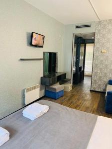 1 dormitorio con 1 cama, TV y espejo en Villa ReTa Hotel & SPA, en Grigoleti