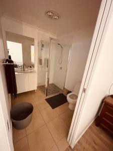 a bathroom with a shower and a toilet and a sink at Studio Apartment in East Toowoomba in Toowoomba