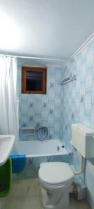 Baño azul con aseo y lavamanos en Anchialos seafront appartement, en Nea Anjíalos