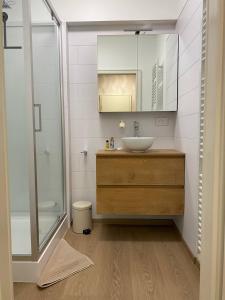 La salle de bains est pourvue d'un lavabo et d'une douche. dans l'établissement Studio Montaigne, à Liège