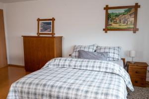 a bedroom with a bed with a checkered blanket at Yn e Homeie in Baar
