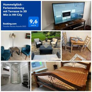 eine Collage mit Bildern eines Wohnzimmers mit einem TV in der Unterkunft Hummelglück - Ferienwohnung mit Terrasse in 30 Min in HH City in Bendestorf