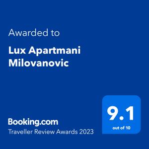 Sertifikat, nagrada, logo ili drugi dokument prikazan u objektu Lux Apartmani Milovanovic