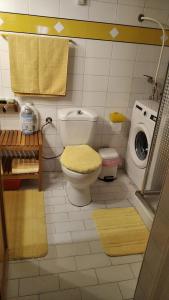 uma casa de banho com um WC e uma máquina de lavar roupa em Στουντιο κοντά στην κλινική Αγ Λουκα em Tessalônica