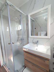 a bathroom with a sink and a shower at Apartments Laus in Zavalatica