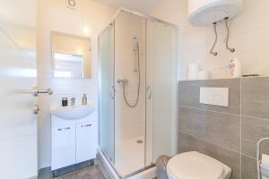 a bathroom with a shower and a toilet and a sink at Damar Apartmani in Senj