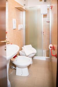 a bathroom with a toilet and a sink and a shower at Hotel Marguareis in Limone Piemonte