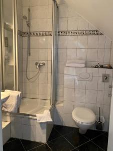 une salle de bain blanche avec douche et toilettes dans l'établissement Vier Jahreszeiten, à Heidelberg 25 autres photos