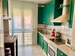 uma cozinha verde com um lavatório e uma janela em Apartamento Zoco Córdoba em Córdoba