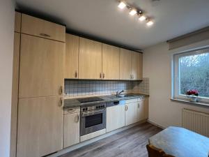 a kitchen with wooden cabinets and a sink and a window at Dill Apartments Peine in Peine