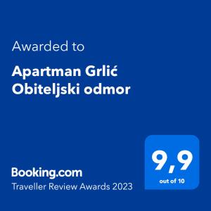 Certifikát, hodnocení, plakát nebo jiný dokument vystavený v ubytování Apartman Grlić Obiteljski odmor