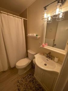 a bathroom with a toilet and a sink and a mirror at Ocean Edge resort two bedroom and two bathroom condo. in Brewster
