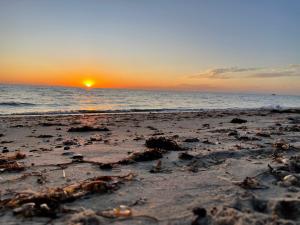 una playa con puesta de sol sobre el océano en Beach Haven - Beach and Cafes on your doorstep - 3 bedrooms , Sleeps 6, en St Leonards