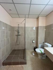 uma casa de banho com um chuveiro e um WC. em Francesca Residence em Bucareste