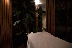 een kamer met een tafel met planten aan de muur bij Beachfront Hotel: Pool, Spa, wet/dry Sauna & Gym in Ashkelon