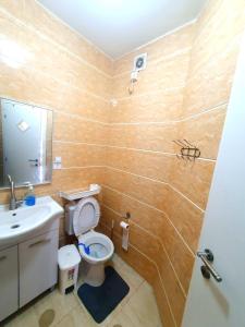 een badkamer met een toilet, een wastafel en een douche bij Beachfront Hotel: Pool, Spa, wet/dry Sauna & Gym in Ashkelon