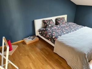 a bedroom with a bed and a blue wall at Sonnige Loft mit Terrasse, Ladestation für Elektrofahrzeuge in Schindellegi