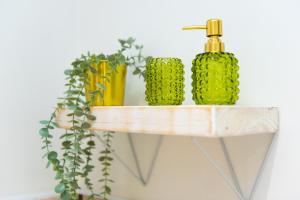 a shelf with three green bottles and a plant at Pride Park House in Derby