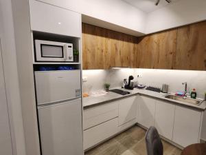 a kitchen with a refrigerator and a microwave at Nice Apartment near Flisvos in Athens