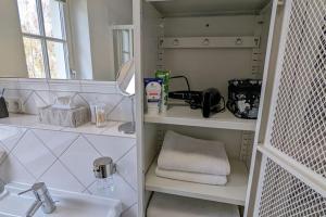 a bathroom with a sink and a shelf with towels at Stylisches Villa-Apartment in Schlossgartennähe in Schwerin +31 photos