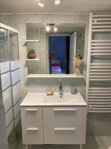 łazienka z białą umywalką i lustrem w obiekcie Gite cosy 25 min Lyon Vienne St Etienne w mieście Longes