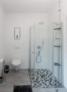 uma casa de banho com uma cabina de duche em vidro e um WC. em Ferienwohnung ganz nah am Förderturm Zeche Zollverein em Essen
