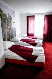 2 łóżka w pokoju z czerwonym dywanem w obiekcie Janowski Zakątek w Janowie Lubelskim