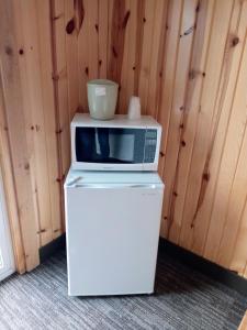 a microwave sitting on top of a refrigerator at Cliff Dweller on Lake Superior in Tofte