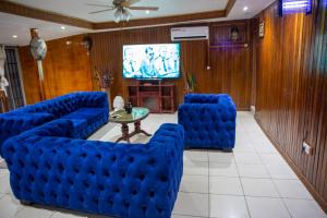 a living room with blue chairs and a tv at La Maison du Bonheur in Douala