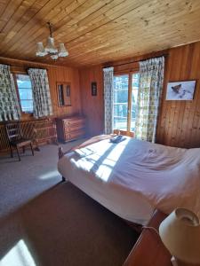 a bedroom with a large bed in a cabin at Chalet traditionnel avec jacuzzi extérieur in Bex