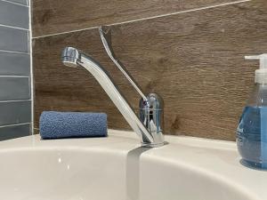 a bathroom sink with a faucet and a bottle of water at 't Achterom in Bruinisse