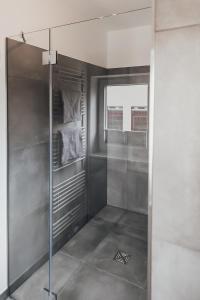 a walk in shower with a glass door in a room at Louis & Louise Apartments & Lofts Am Wall I Digital Check In in Bremen